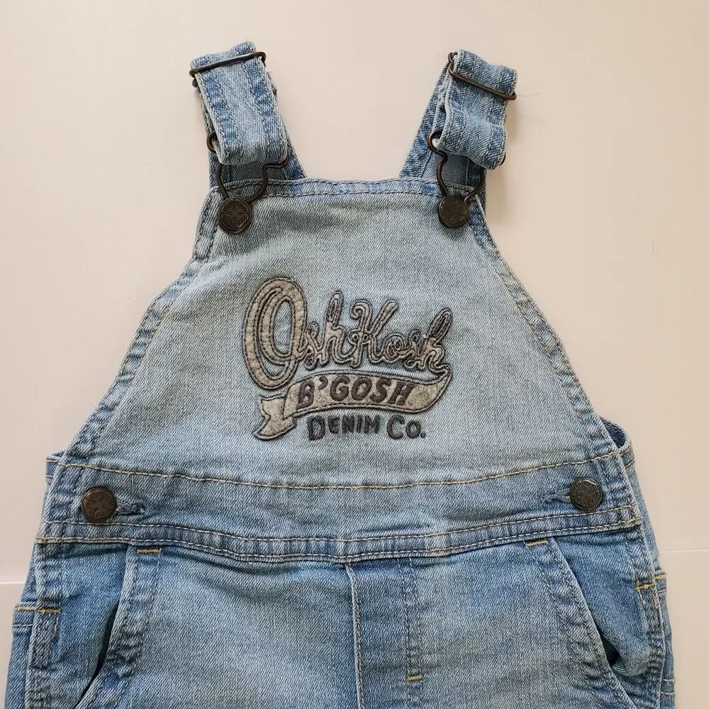 Oshkosh B'Gosh Blue Denim Overalls 18 Months Snap Bottom Shorts Embroidered Logo
